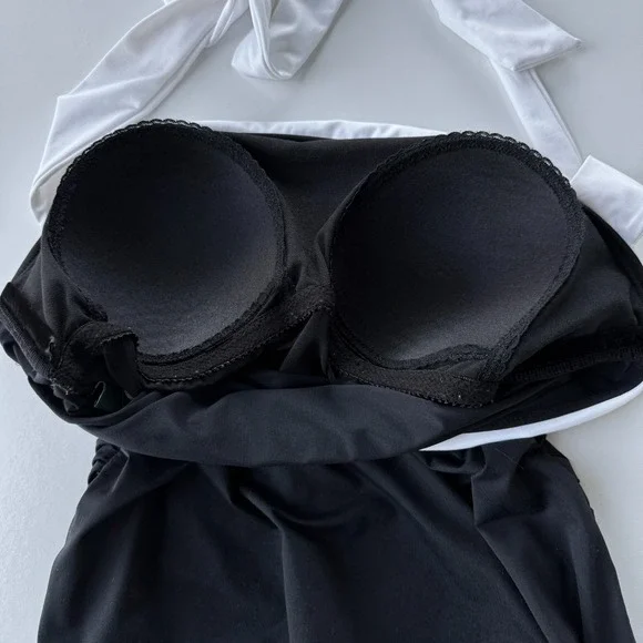 Lauren Ralph Lauren Women Swimsuit Sz 12 Black White Halter Skirted Ruched 1 Pc - Picture 9 of 15